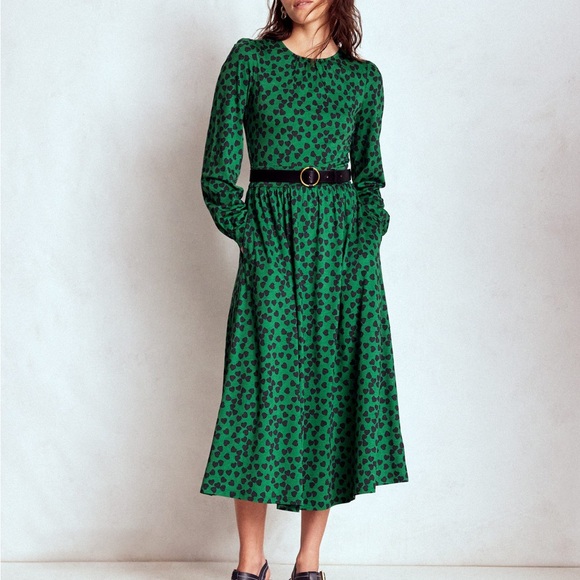 Boden NWT Alexandra Jersey Midi Dress Green Navy Hearts size US 14 R - Picture 4 of 15